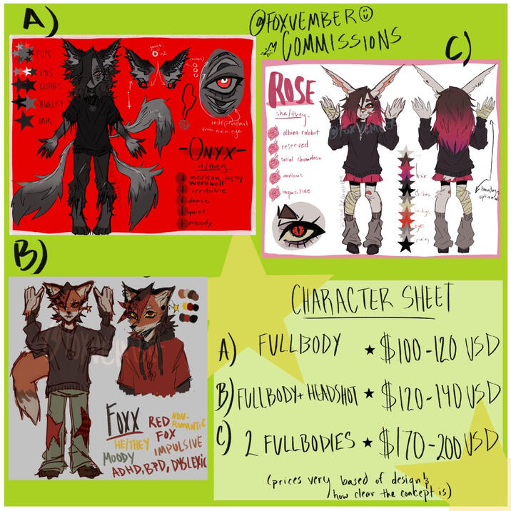 Character Sheet; Fullbody - $100-120 USD Fullbody + Headshot - $120-140 USD Two(2) Fullbodys - $170-200 USD *prices vary based off complexity of design & concept