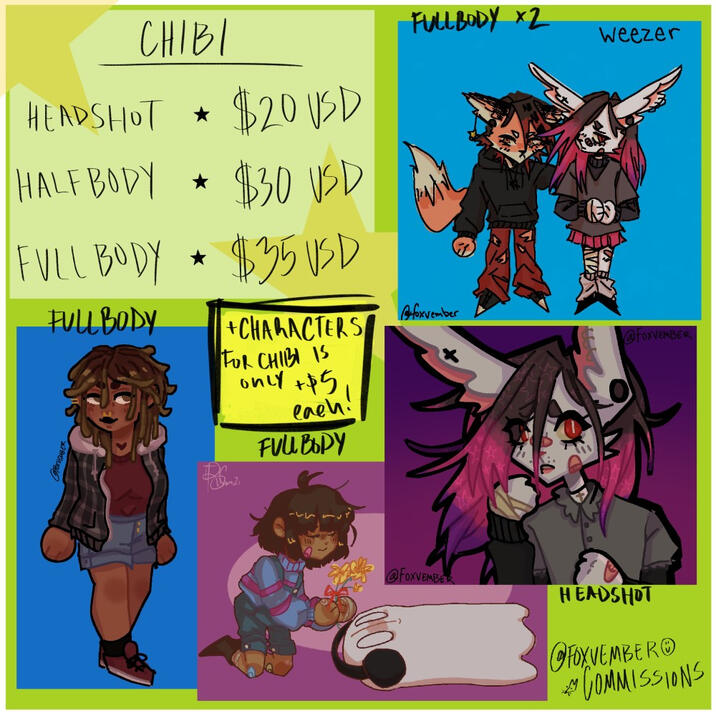 Chibi; Headshot - $20 USD || Halfbody - $30 USD Fullbody - $35 USD Additional characters for CHIBI style are only +$5 USD each!